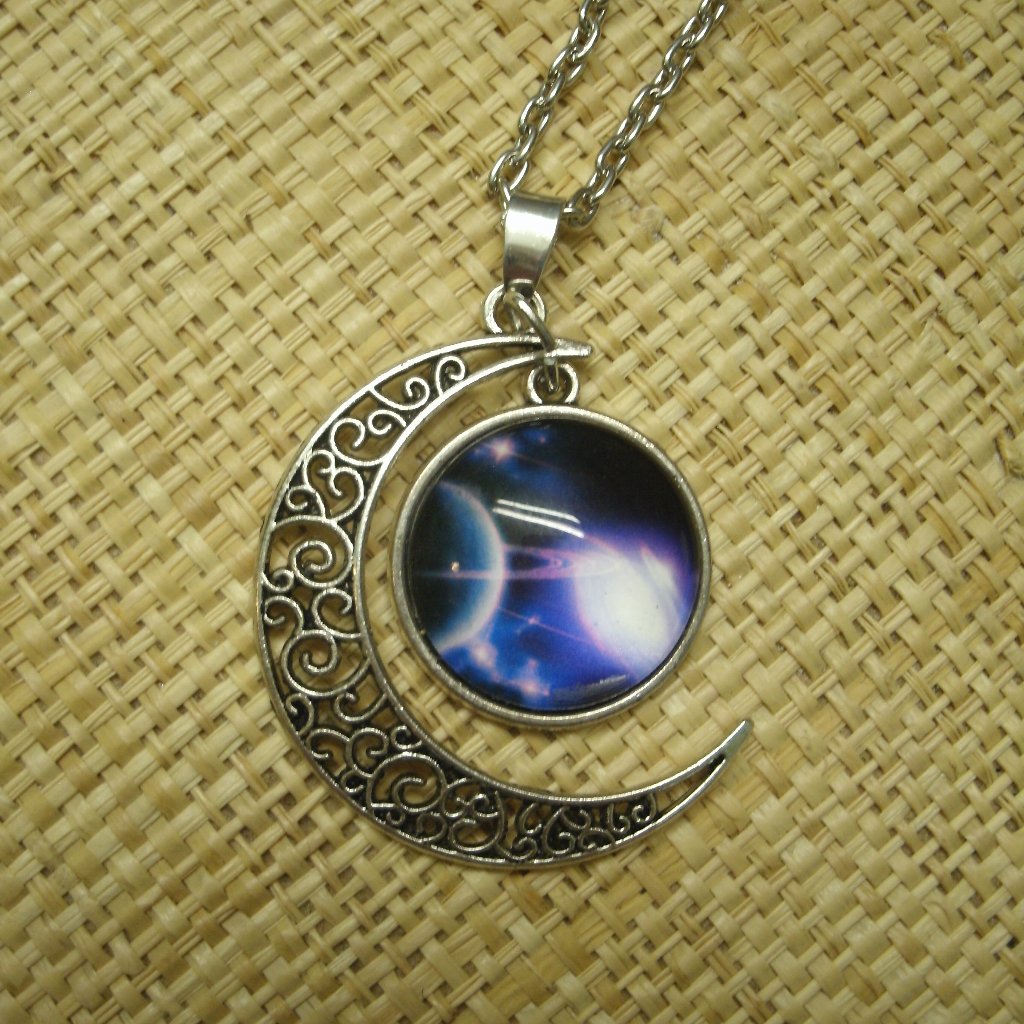 Crescent Moon With Galaxy & Planet Cabochon Dangle Necklace